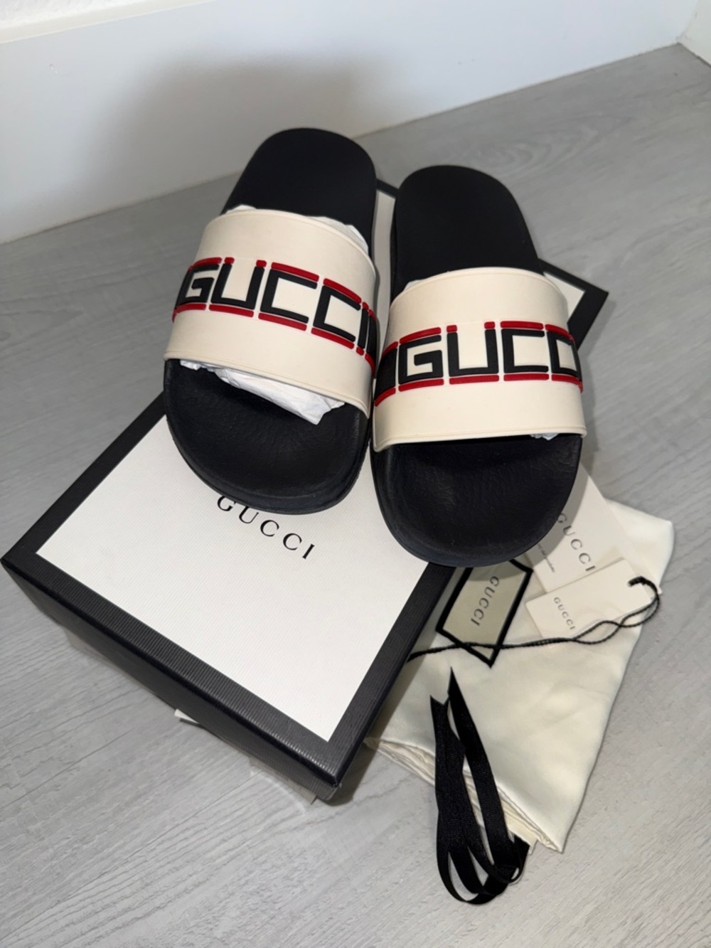 Gucci Stripe Rubber Slide 'Ecru Black and Cream Logo Slide Sandals